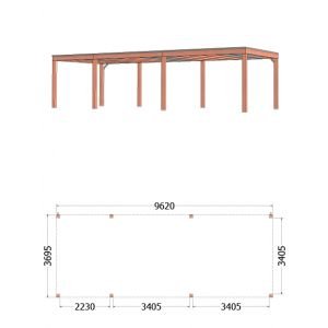 Buitenverblijf Palermo 960x370x245 cm (bxdxh) - vooraanzicht met afmetingen