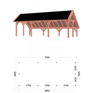 Kapschuur de Hoeve XL 926x440x375 cm (bxdxh) - tekening met afmetingen