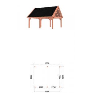 Buitenverblijf Zadeldak XXL 655x595x490 cm (bxdxh) - tekening met afmetingen
