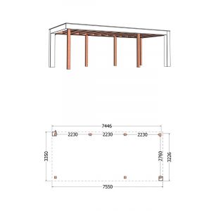 Buitenverblijf Verona model rechts 755x335x250 cm (bxdxh) - tekening met afmetingen