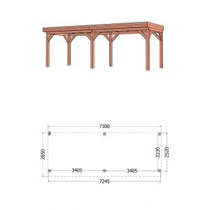 Buitenverblijf Refter XL 730x285x260 cm (bxdxh) - tekening met afmetingen