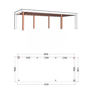 Buitenverblijf Verona model rechts 915x400x250 cm (bxdxh) - tekening met afmetingen