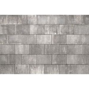 Grootformaat rechthoekige Recto Antique Matterhorn betonstenen van 20x30x6 cm met een robuuste gehamerde textuur in de kleur grijs met donkere nuances.