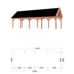 Buitenverblijf Zadeldak XL 1110x440x425 cm (bxdxh) - tekening met afmetingen