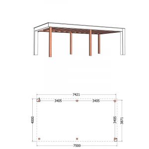 Buitenverblijf Verona model rechts 750x400x250 cm (bxdxh) - tekening met afmetingen