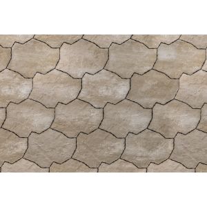 Lichtgekleurde Organic Ibiza betontegels met een organische vorm en gewelfde randen in een moderne tuin.