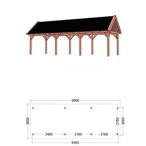 Buitenverblijf Zadeldak XL 990x380x395 cm (bxdxh) - tekening met afmetingen