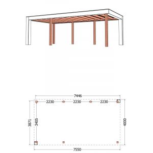 Buitenverblijf Verona model links 755x400x250 cm (bxdxh) - tekening met afmetingen