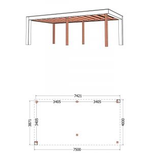 Buitenverblijf Verona model links 750x400x250 cm (bxdxh) - tekening met afmetingen