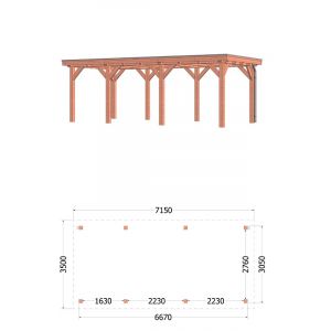 Buitenverblijf Siena 715x350x250 cm (bxdxh) - vooraanzicht met afmetingen