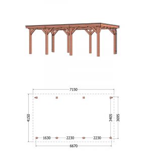Buitenverblijf Siena 715x415x250 cm (bxdxh) - vooraanzicht met afmetingen