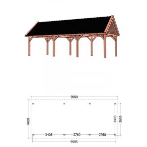 Buitenverblijf Zadeldak XL 990x440x425 cm (bxdxh) - tekening met afmetingen