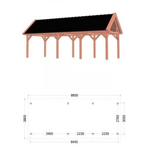 Buitenverblijf Zadeldak XL 885x380x395 cm (bxdxh) - tekening met afmetingen