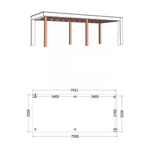 Buitenverblijf Verona model rechts 750x335x250 cm (bxdxh) - tekening met afmetingen
