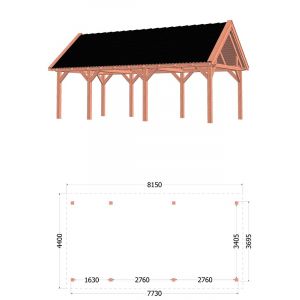 Buitenverblijf Zadeldak XL 815x440x425 cm (bxdxh) - tekening met afmetingen