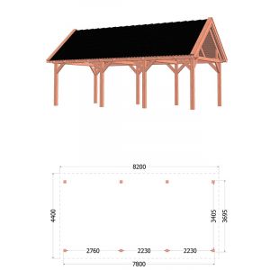 Buitenverblijf Zadeldak XL 820x440x425 cm (bxdxh) - tekening met afmetingen