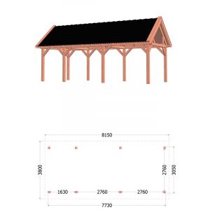 Buitenverblijf Zadeldak XL 815x380x395 cm (bxdxh) - tekening met afmetingen