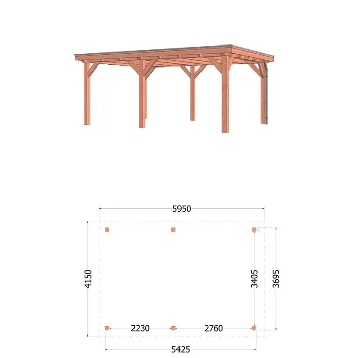 Buitenverblijf Siena 595x415x250 cm (bxdxh) - vooraanzicht met afmetingen