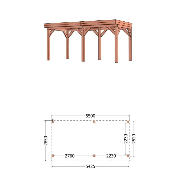 Buitenverblijf Refter XL 550x285x260 cm (bxdxh) - tekening met afmetingen rechts