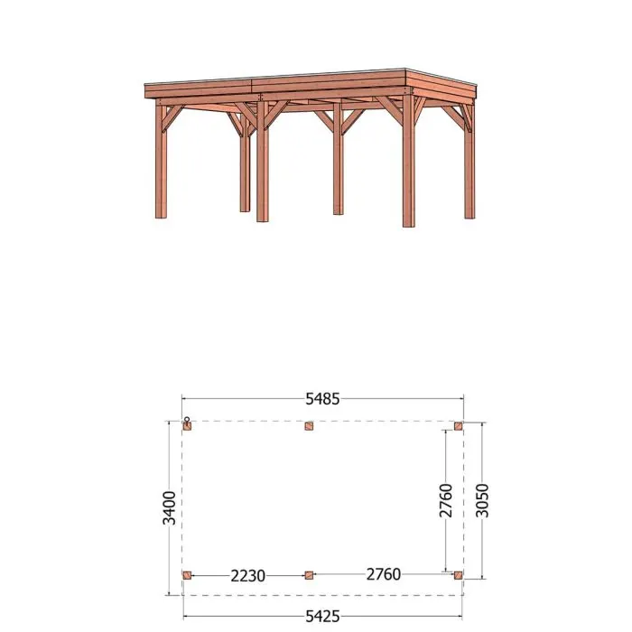 Buitenverblijf Refter XL 550x340x260 cm (bxdxh) - tekening met afmetingen links