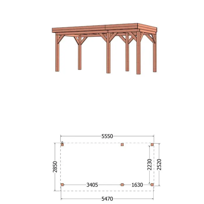 Buitenverblijf Refter XL 555x285x260 cm (bxdxh) - tekening met afmetingen rechts