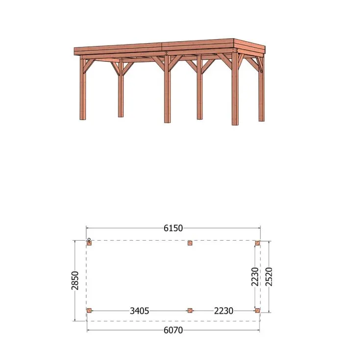 Buitenverblijf Refter XL 615x285x260 cm (bxdxh) - tekening met afmetingen rechts