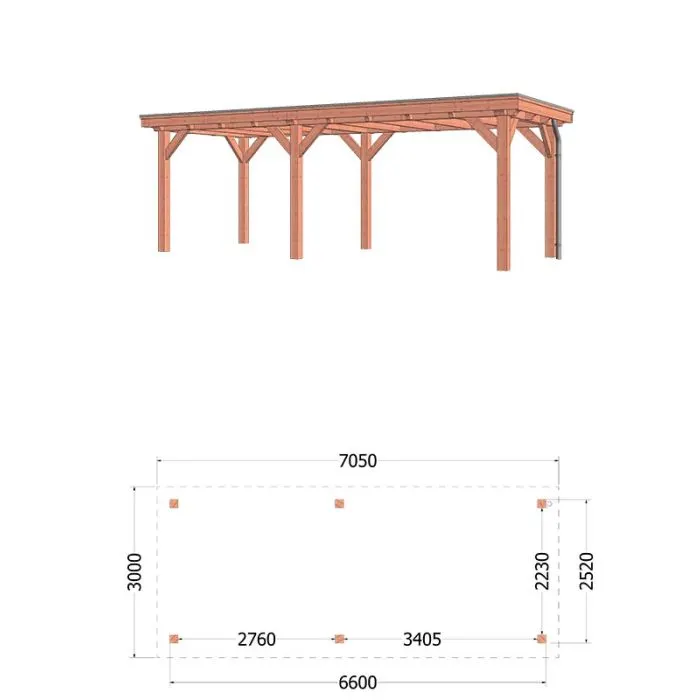 Buitenverblijf Siena 705x300x250 cm (bxdxh) - vooraanzicht afmetingen