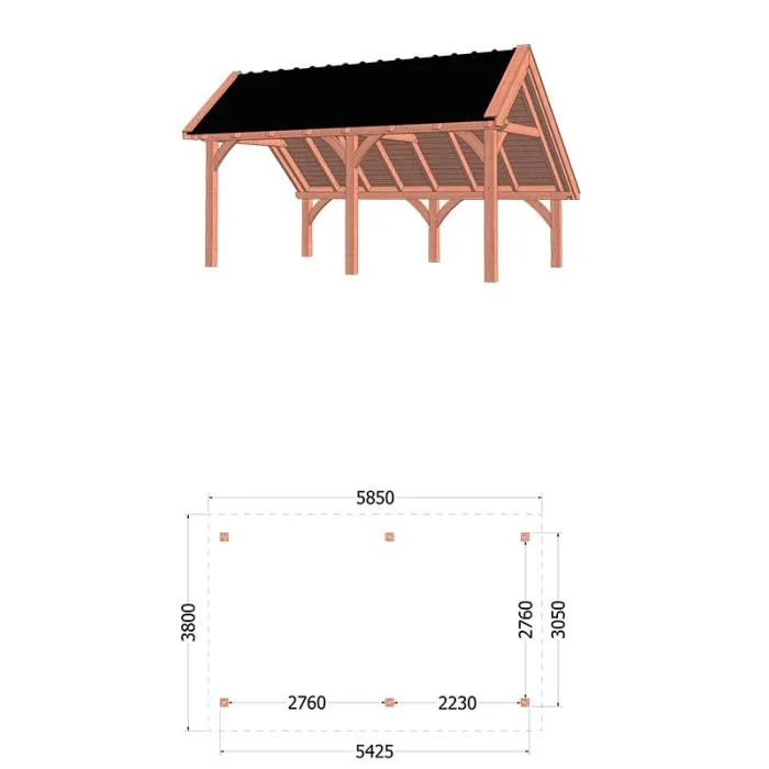 Kapschuur de Hoeve XL 585x380x345 cm (bxdxh) - tekening met afmetingen rechts