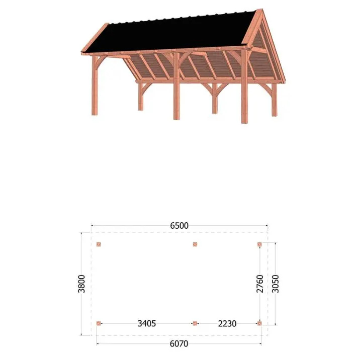 Kapschuur de Hoeve XL 650x380x345 cm (bxdxh) - tekening met afmetingen rechts