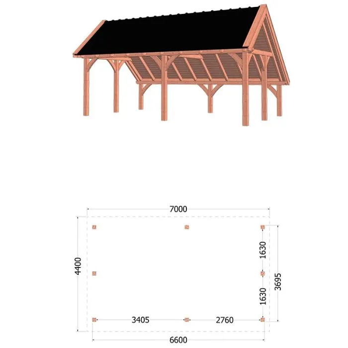 Kapschuur de Hoeve XL 700x440x375 cm (bxdxh) - tekening met afmetingen rechts