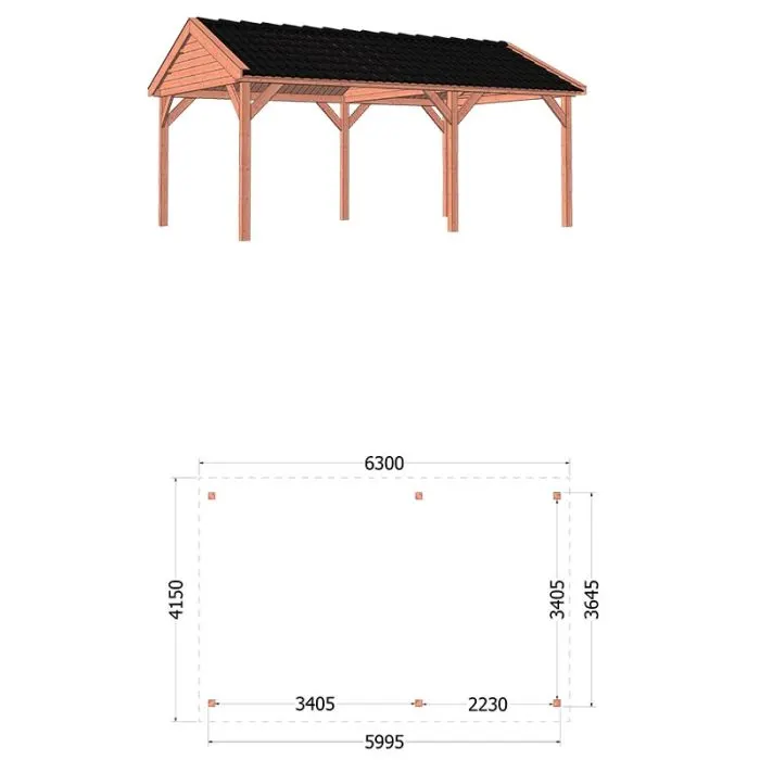 Zadeldak Betula 630x415x335 cm (bxdxh) - tekening met afmetingen