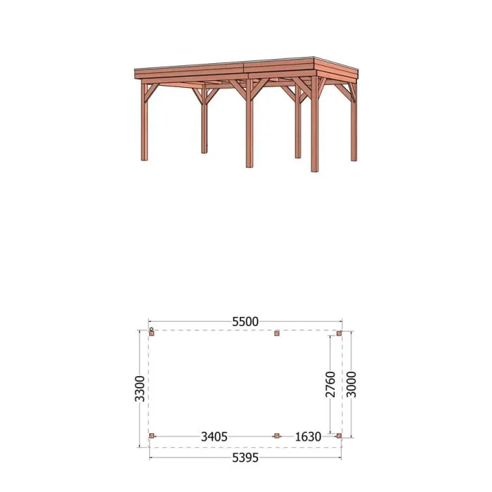 Buitenverblijf Casa 550x330x260 cm (bxdxh) - vooraanzicht met afmetingen
