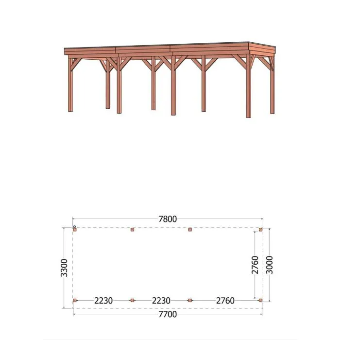 Buitenverblijf Casa 780x330x260 cm (bxdxh) - vooraanzicht met afmetingen