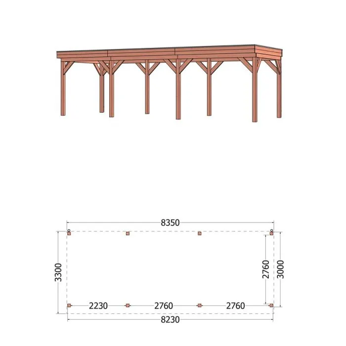 Buitenverblijf Casa 835x330x260 cm (bxdxh) - aanzicht met afmetingen