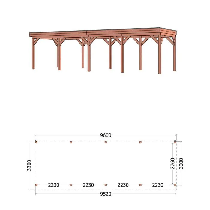 Buitenverblijf Casa 960x330x260 cm (bxdxh) - vooraanzicht met afmetingen