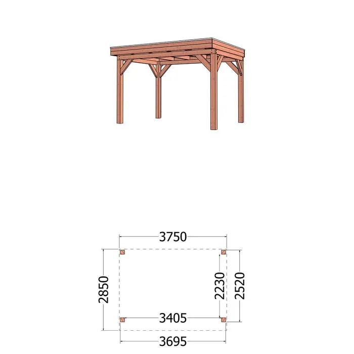 Buitenverblijf Refter XL 375x285x260 cm (bxdxh) - tekening met afmetingen