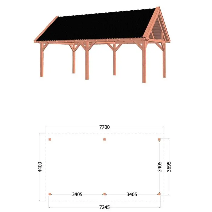 Buitenverblijf Zadeldak XL 770x440x425 cm (bxdxh) - tekening met afmetingen