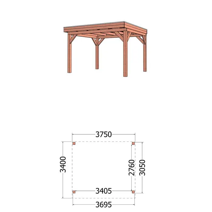 Buitenverblijf Refter XL 375x340x260 cm (bxdxh) - tekening met afmetingen 