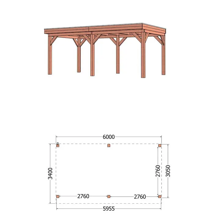 Buitenverblijf Refter XL 600x340x260 cm (bxdxh) - tekening met afmetingen 