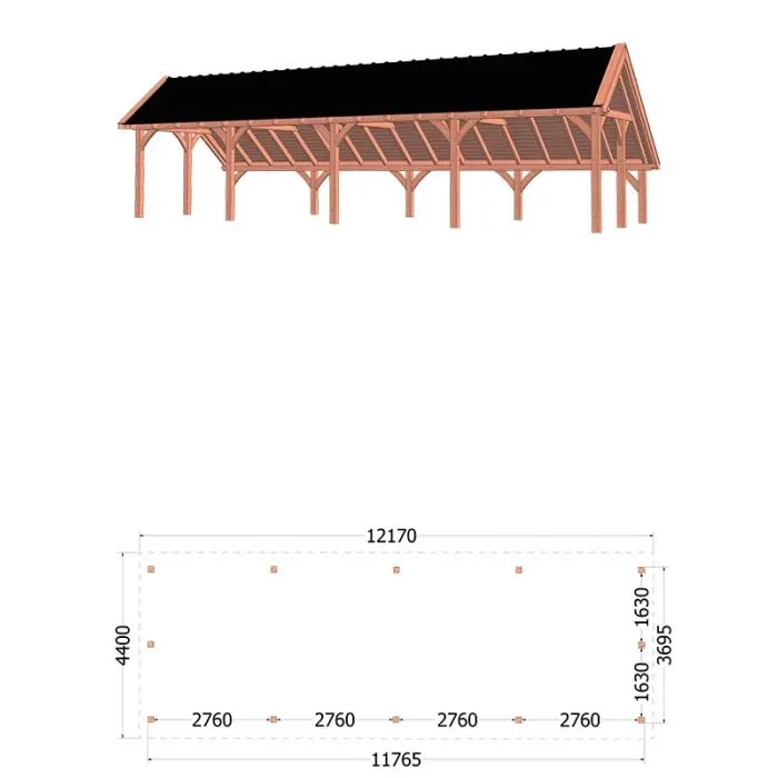 Kapschuur de Hoeve XL 1217x440x375 cm (bxdxh) - tekening met afmeting