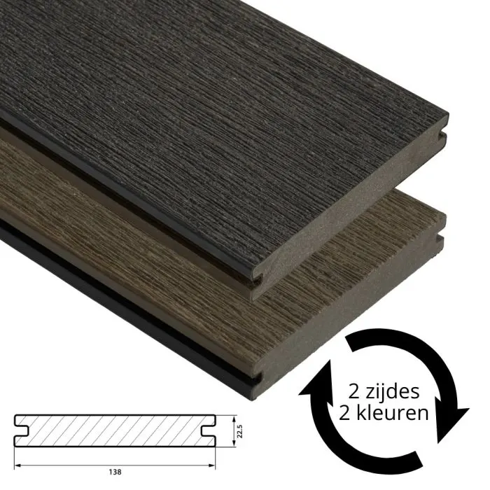 Fiberdeck Vintage Vlonderplank 22,5x138 mm - Lengte 300 cm - Graphite / Wengé (massief) WPC Terrasplanken met 2 kleuren