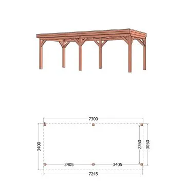 Buitenverblijf Refter XL 730x340x260 cm (bxdxh) - tekening met afmetingen