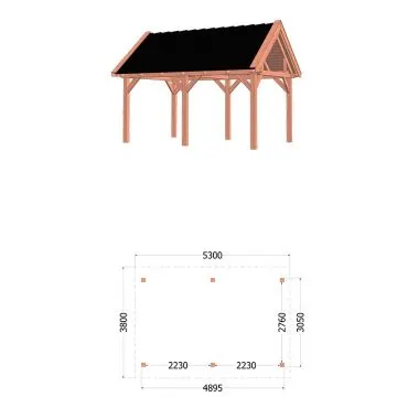 Buitenverblijf Zadeldak XL 530x380x395 cm (bxdxh) - tekening met afmetingen