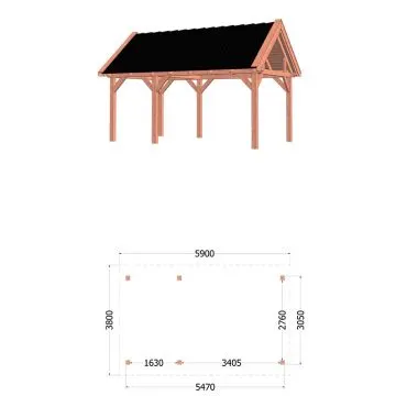 Buitenverblijf Zadeldak XL 590x380x395 cm (bxdxh) - tekening met afmetingen