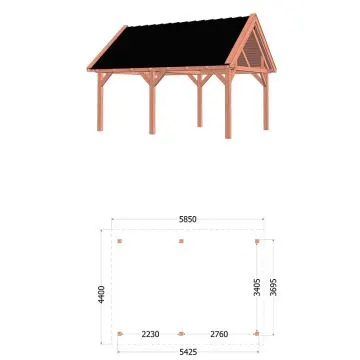 Buitenverblijf Zadeldak XL 585x440x425 cm (bxdxh) - tekening met afmetingen