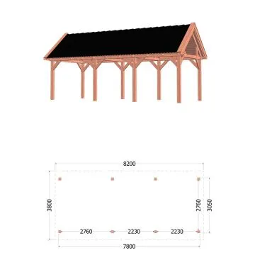 Buitenverblijf Zadeldak XL 820x380x395 cm (bxdxh) - tekening met afmetingen