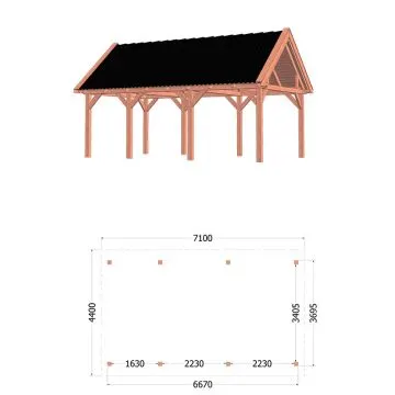 Buitenverblijf Zadeldak XL 710x440x425 cm (bxdxh) - tekening met afmetingen