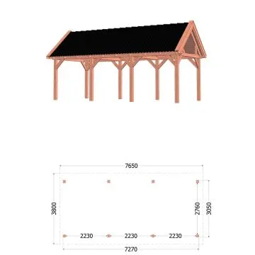 Buitenverblijf Zadeldak XL 765x380x395 cm (bxdxh) - tekening met afmetingen