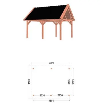 Buitenverblijf Zadeldak XL 530x440x425 cm (bxdxh) - tekening met afmetingen