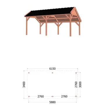 Kapschuur de Deel 615x340x300 cm (bxdxh) - tekening met afmetingen